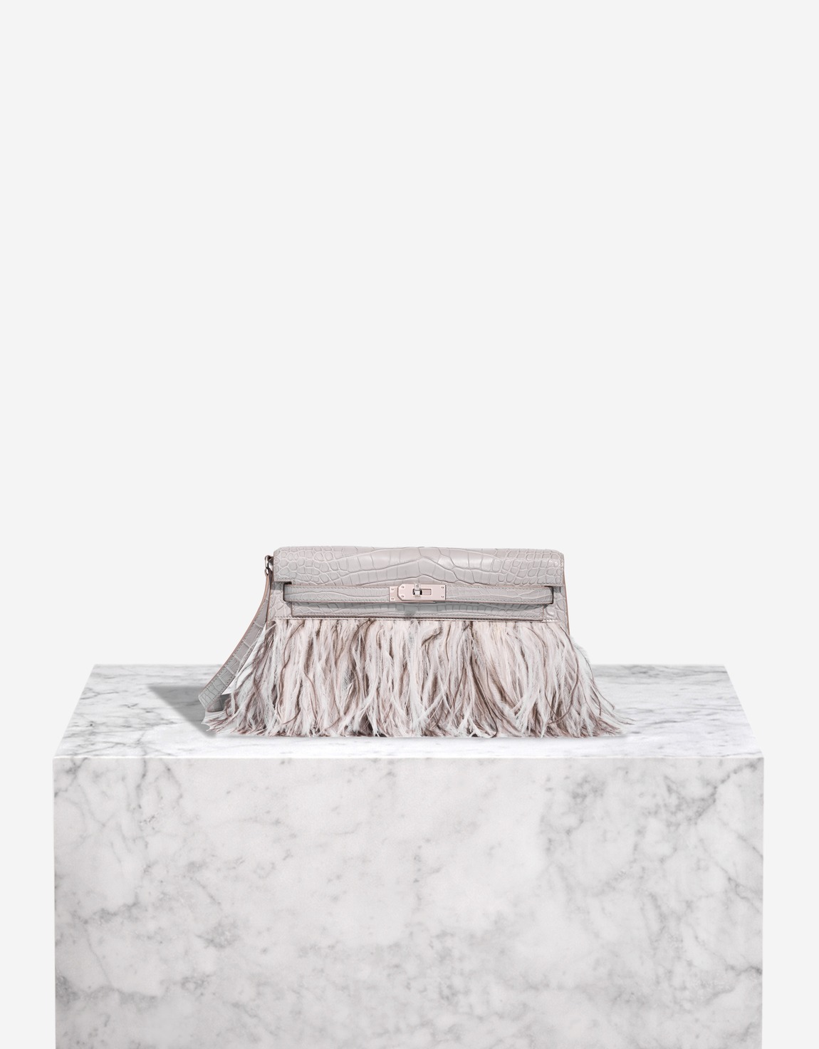 Hermes 
		Kelly Elan Alligator Mississippi / Feathers Gris Perle / Gris Cendre / Blanc    