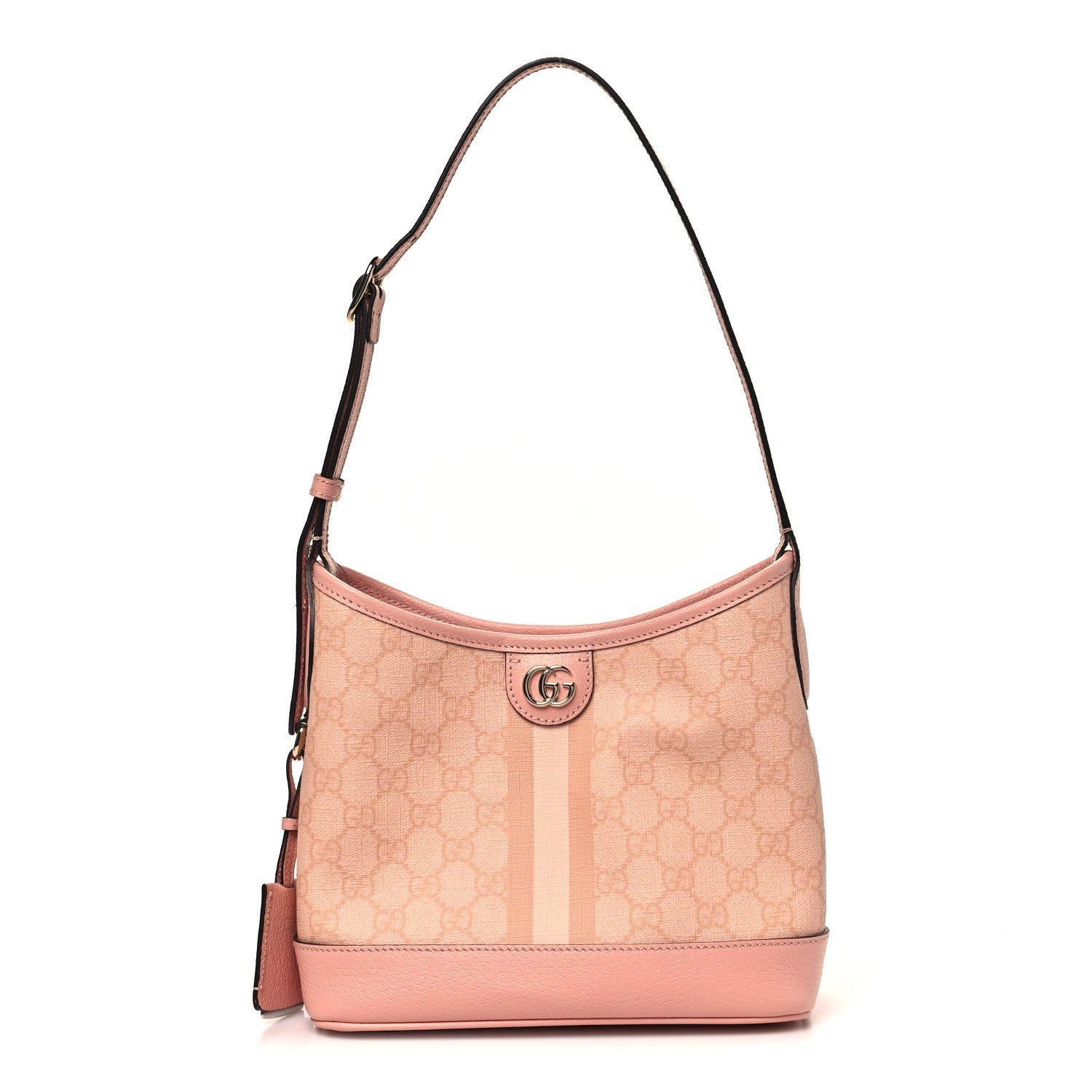 Gucci GG Supreme Monogram Textured Dollar Calfskin Web Small Ophidia Bucket Shoulder Bag Rose Pink