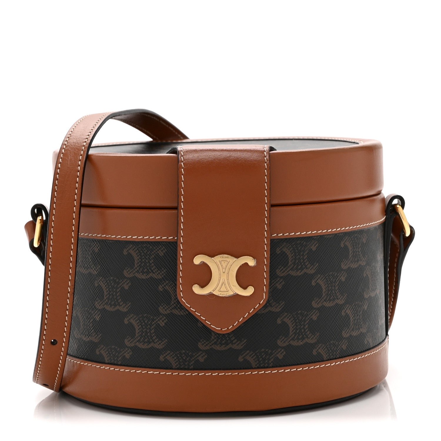 Celine Calfskin Triomphe Canvas Medium Tambour Bag Tan