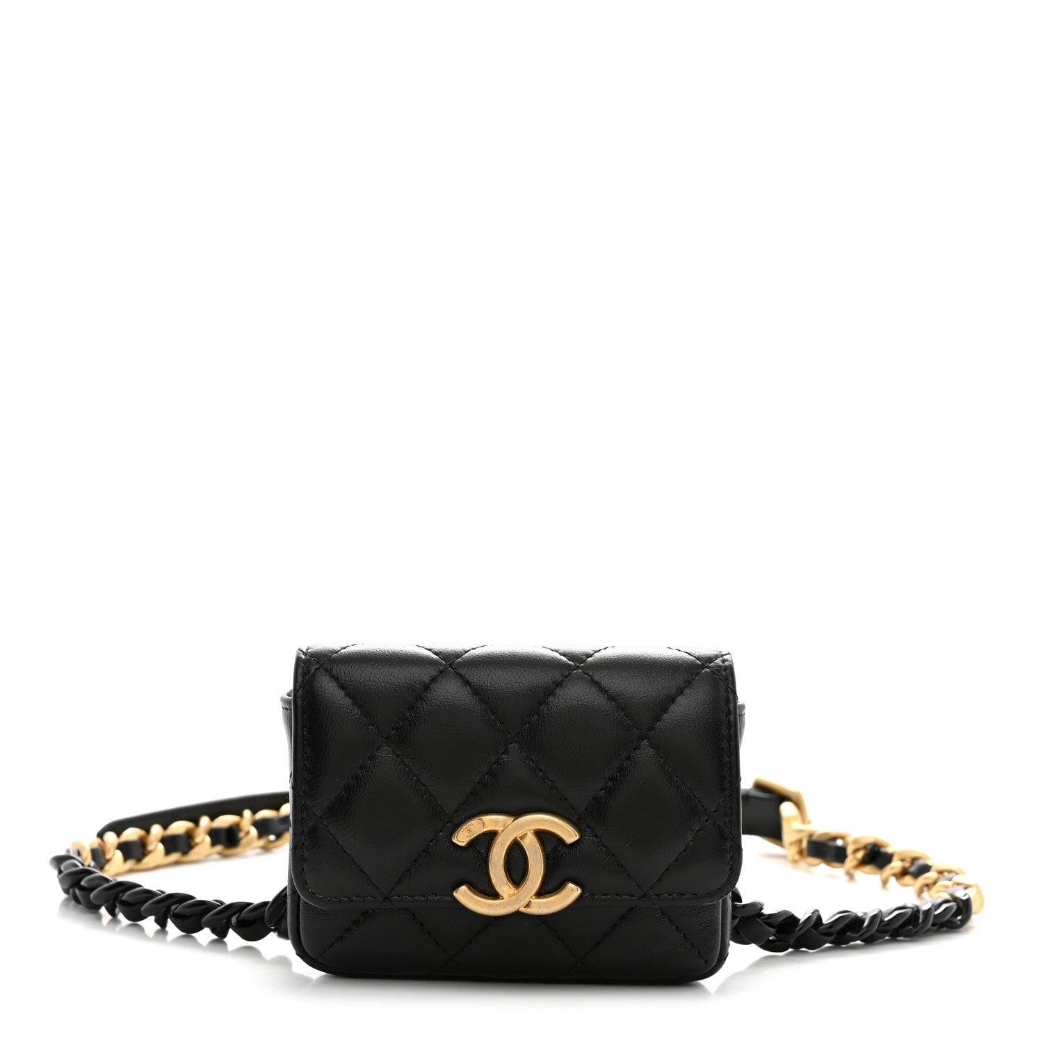 Lambskin Lacquered Metal Quilted Flap Chain Belt Bag Black