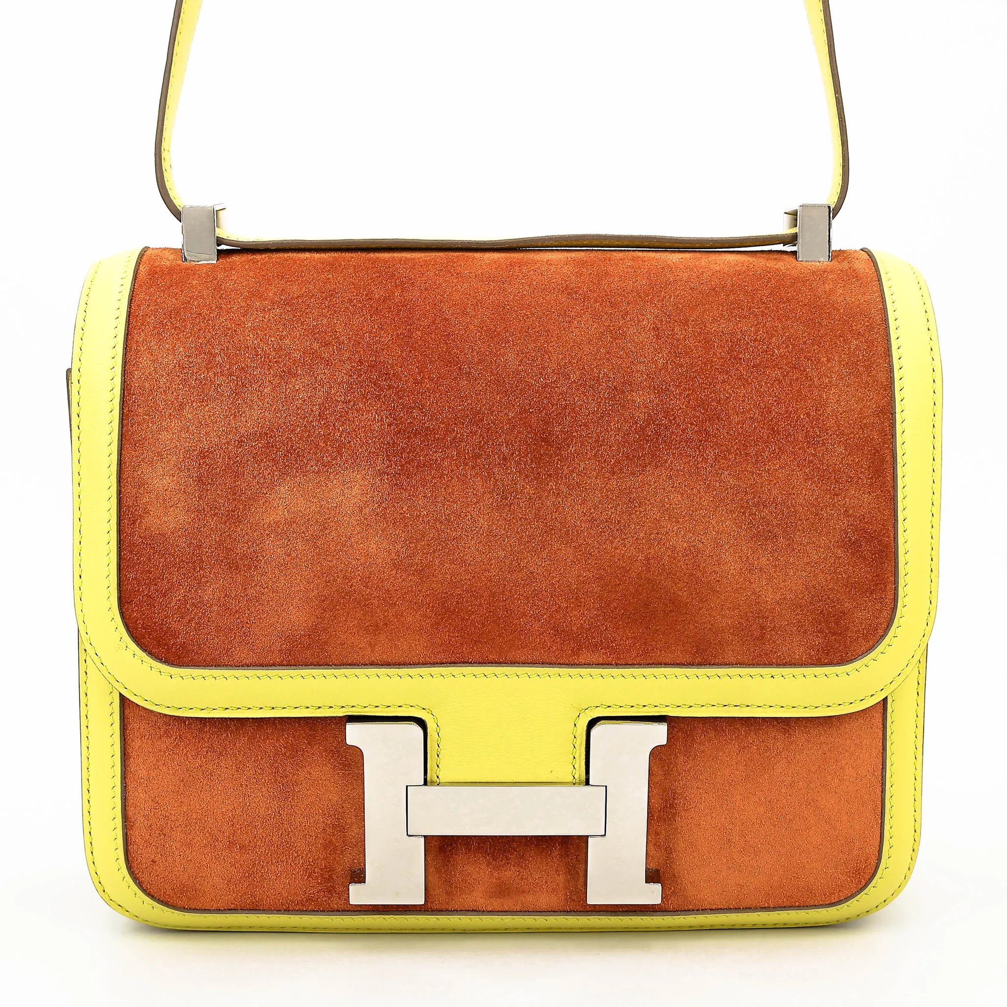 Excellent ( Rank SA ) HERMÈS Constance 24 Soufre (C9) Potiron (5F) Doblis Suede Swift Palladium hardware Square R (2014)