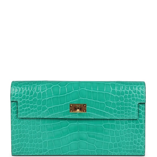 Hermes Hermes Kelly Pocket Long Wallet Vert Jade Shiny Alligator Gold Hardware
