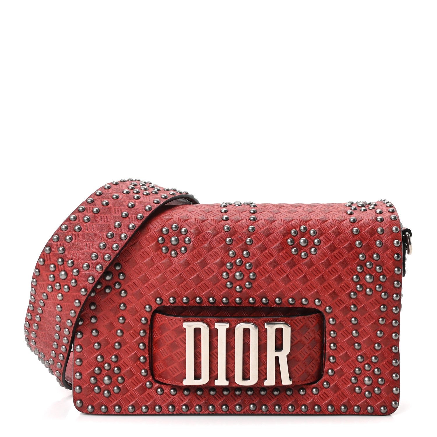 Christian Dior Calfskin Embossed Cannage Studded J'Adior Chain Flap Bag Red