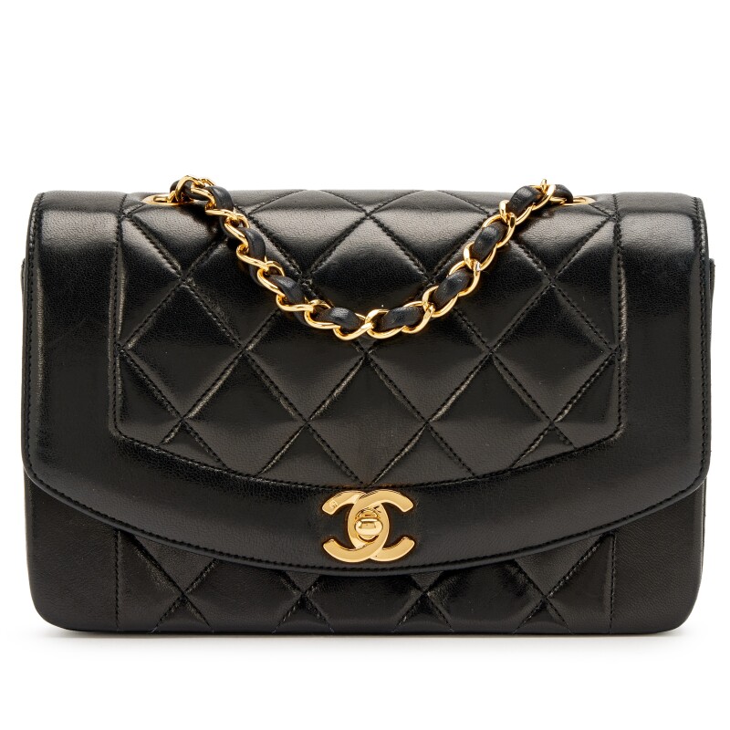 Vintage Black Quilted Lambskin Small Diana Flap Bag Gold Hardware, 1991-1994