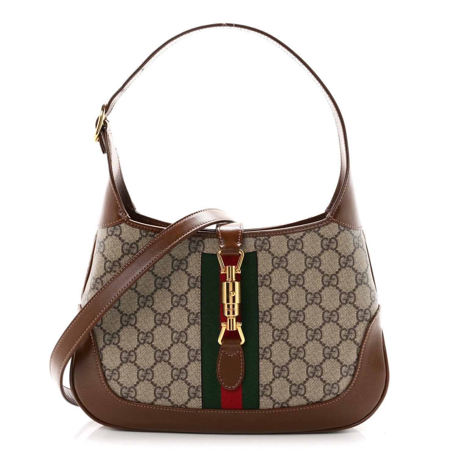 Gucci GG Supreme Monogram Azalea Calfskin Web Small Jackie 1961 Hobo Beige Ebony Brown Sugar