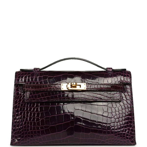 Pre-owned Hermes Kelly Pochette Aubergine Shiny Alligator Gold Hardware