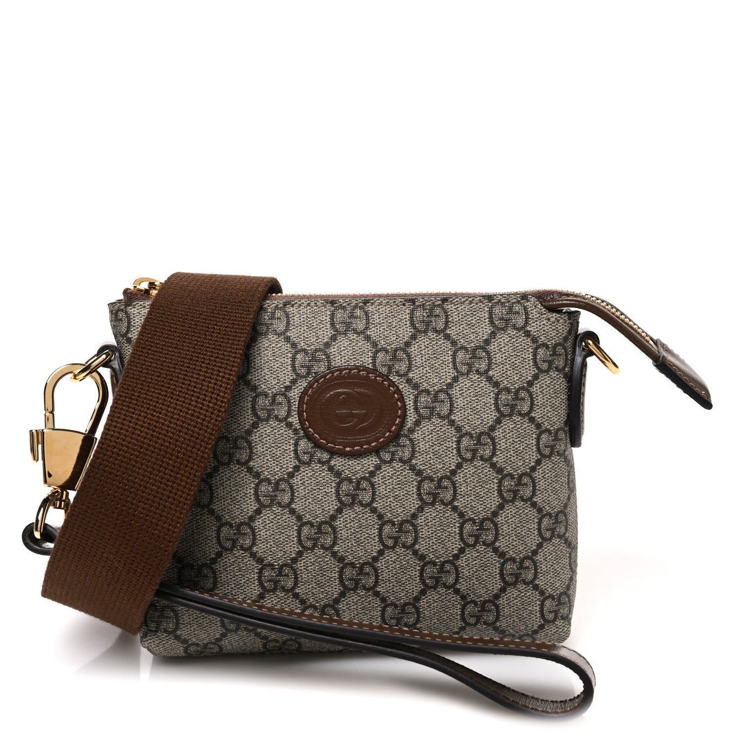 Gucci GG Supreme Monogram Azalea Calfskin Small Retro Interlocking G Wristlet Messenger Bag Beige Ebony Brown Sugar
