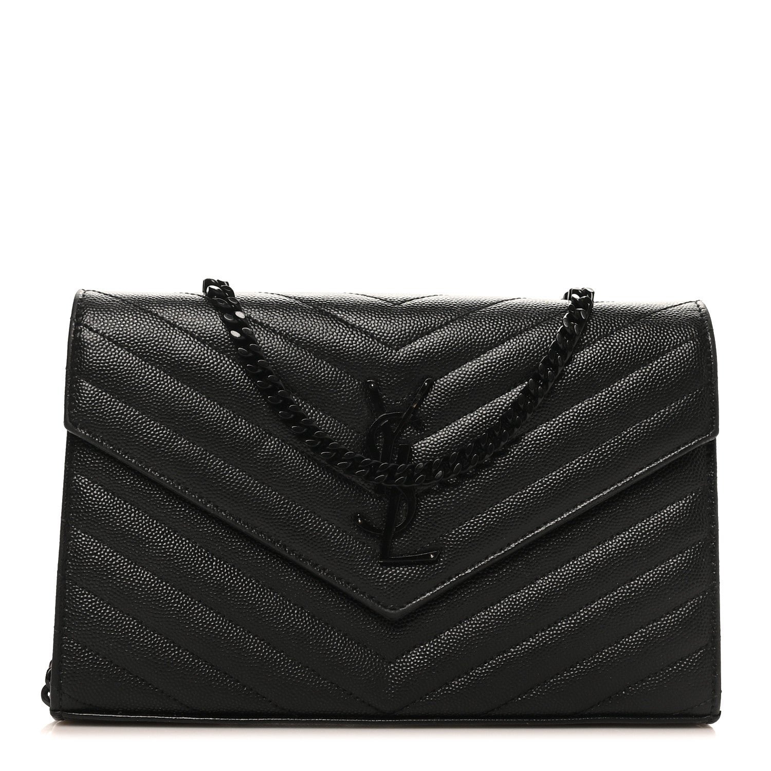 Saint Laurent Grain De Poudre Matelasse Chevron Monogram Monochrome Chain Wallet Black