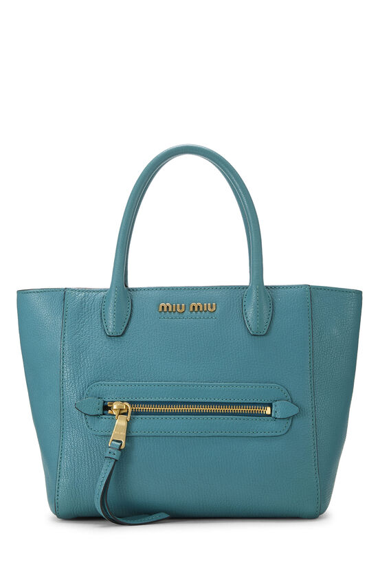 Miu Miu Blue Leather Madras Front Zip Pocket Tote Small