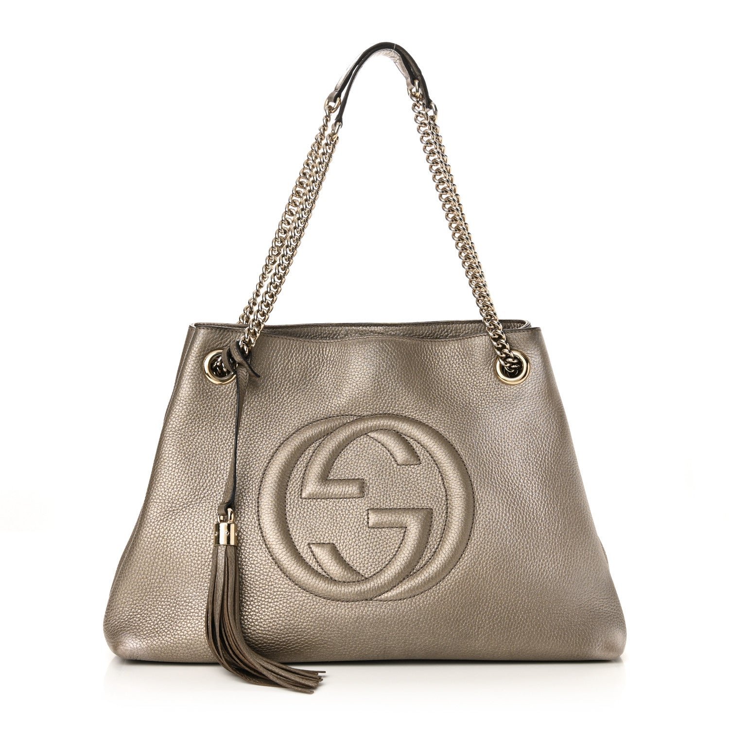 Gucci Metallic Pebbled Calfskin Medium Soho Chain Shoulder Bag Sasso