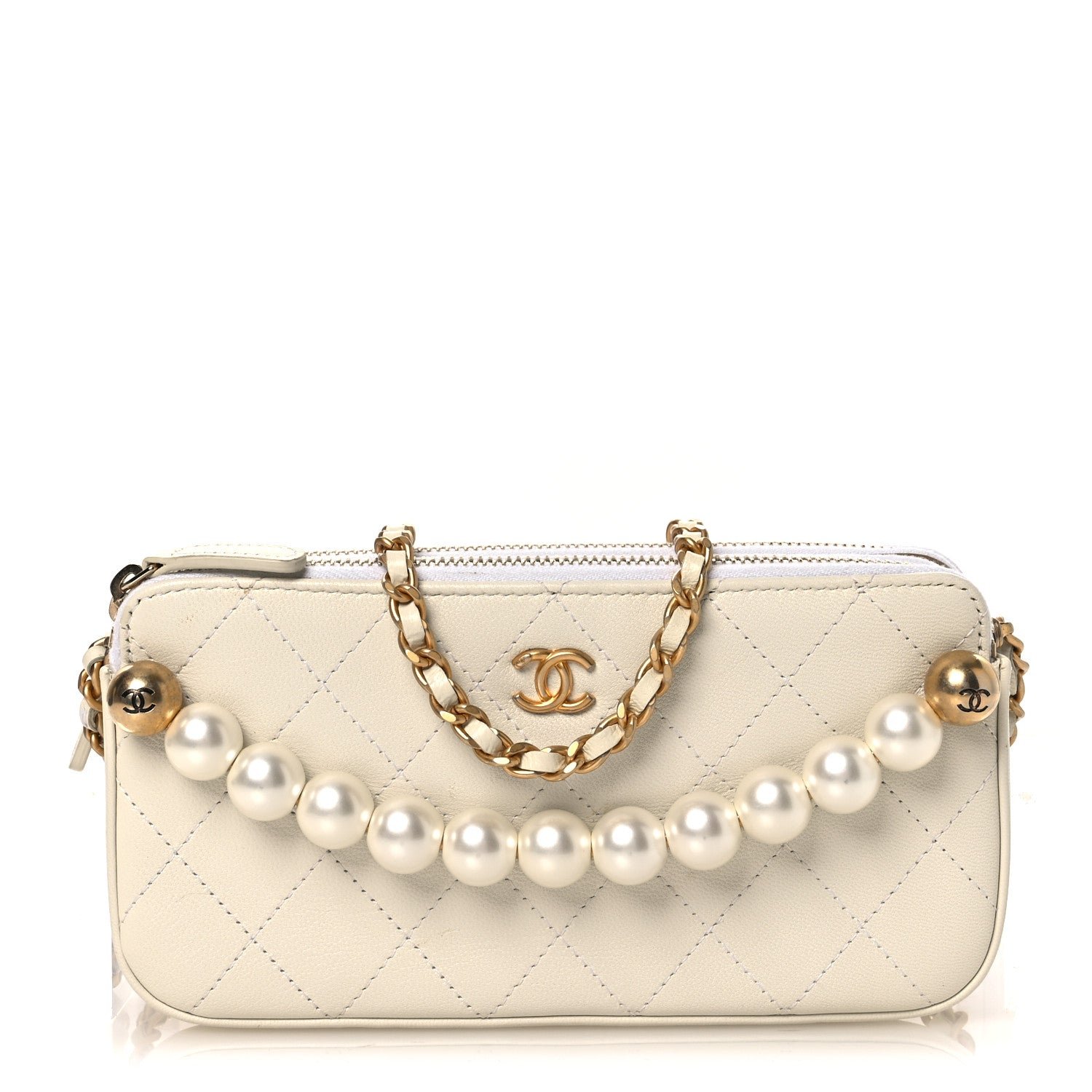 Chanel Goatskin Stitched Small Chic Pearls Clutch With Chain  White