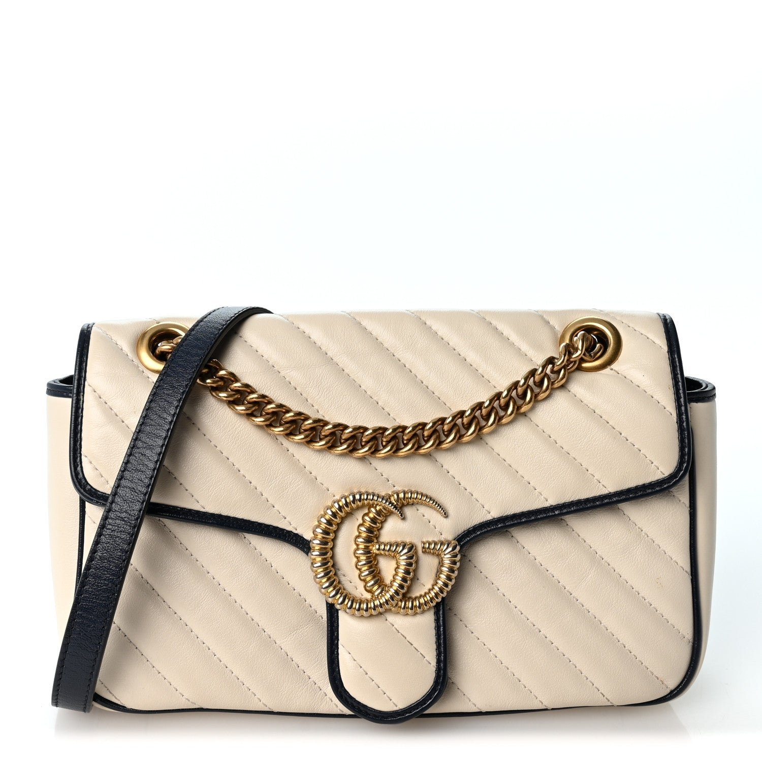Gucci Vintage Effect Calfskin Matelasse Diagonal Small Torchon GG Marmont Shoulder Bag Mystic White Blue Agata