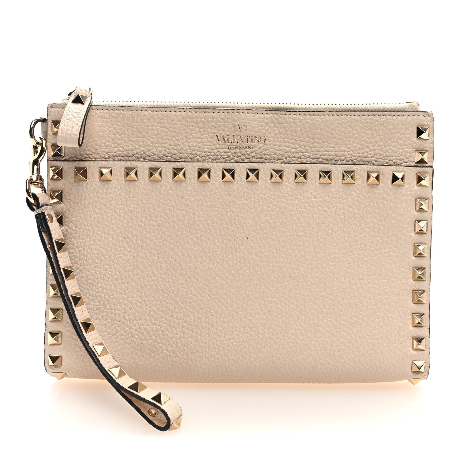 Valentino Garavani Pebbled Calfskin Rockstud Wristlet Clutch White