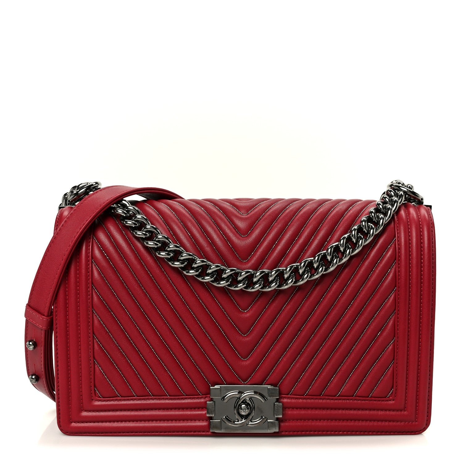 Chanel Calfskin Chevron Quilted New Medium Chain Boy Flap Red