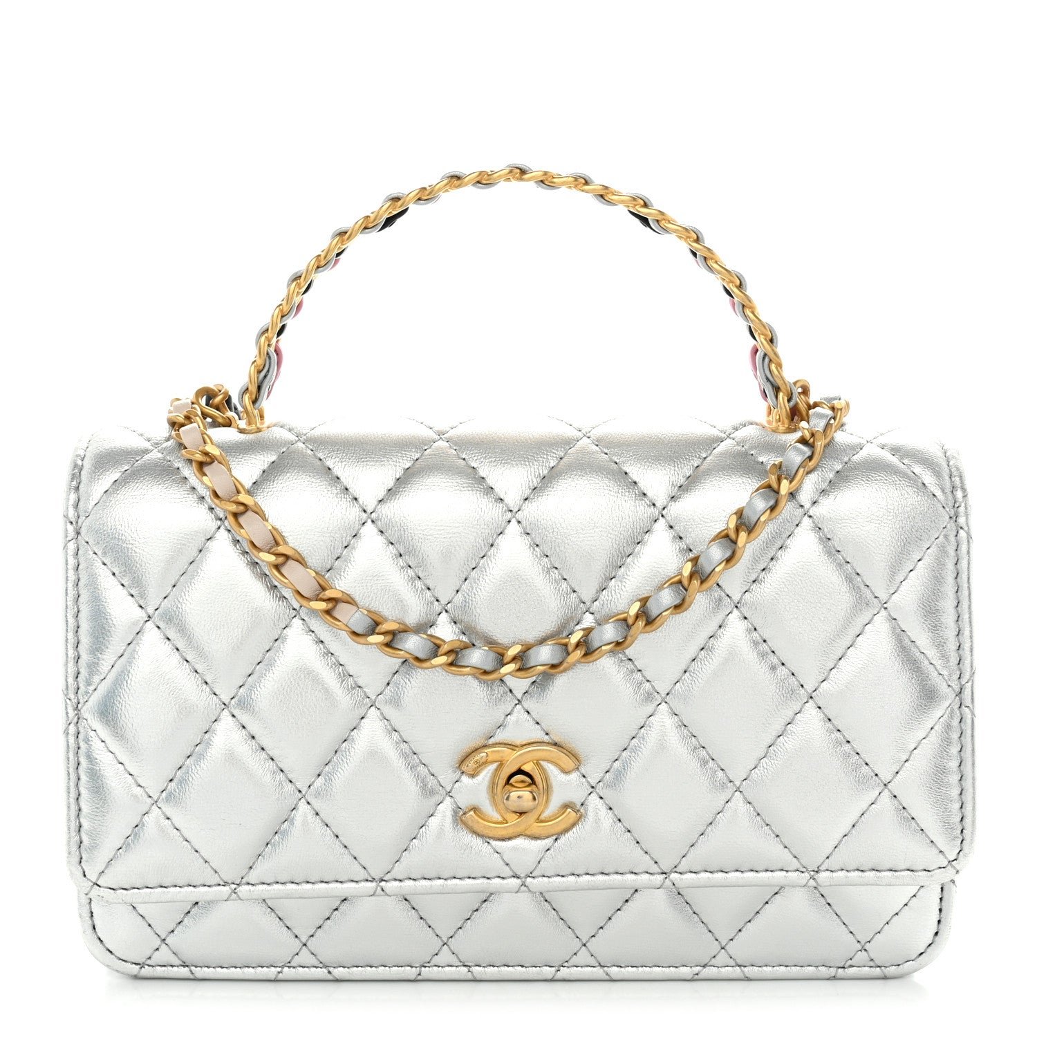 Chanel Metallic Calfskin Quilted Top Handle Wallet on Chain WOC Silver