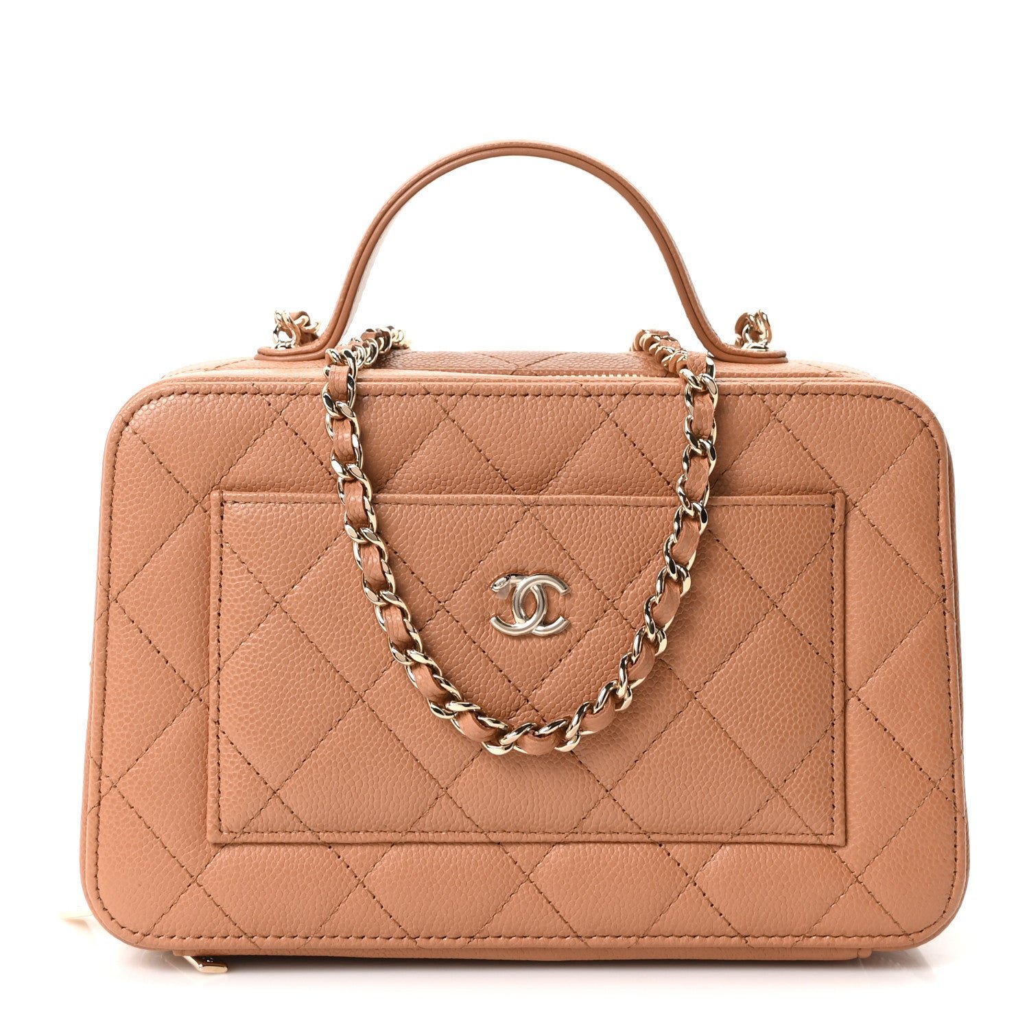 Chanel Caviar Quilted Top Handle Vanity With Chain Dark Beige
