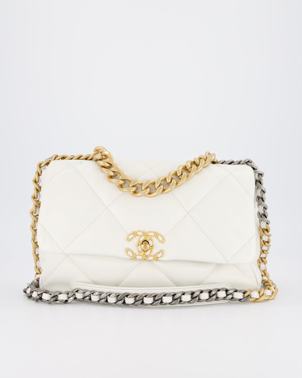 Chanel 20A Large 19 Flap Bag in White Goatskin Quilted Leather with Mixed Hardware