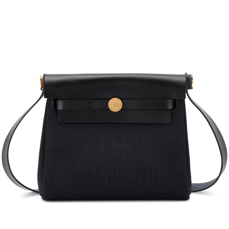Hermes Black Vache Hunter and Toile Mini Herbag Zip 20 Gold Hardware, 2025