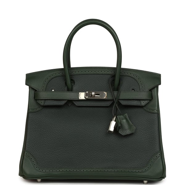 Pre-owned Hermes Birkin Ghillies 30 Vert Fonce Clemence and Vert Anglais Evercolor Palladium Hardware