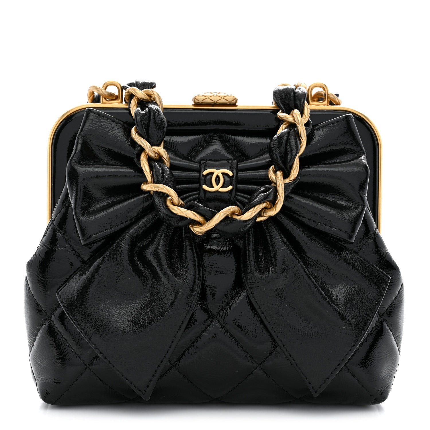 Chanel Patent Crumpled Lambskin Quilted Maxi Bow Clutch With Chain Black