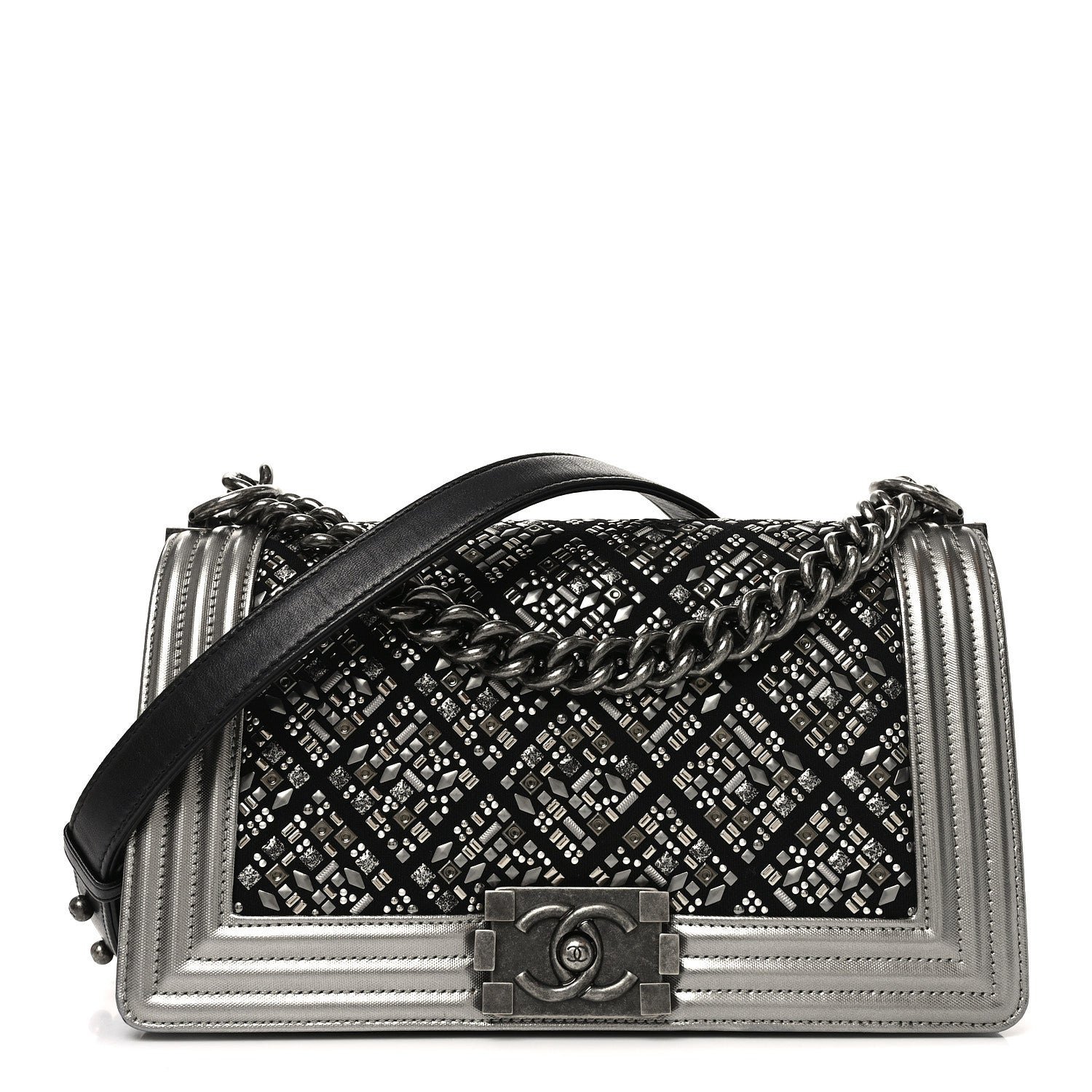 Chanel Jersey Embroidered Medium Boy Flap Black Silver