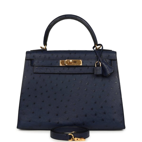 Hermes Pre-owned Hermes Kelly Sellier 28 Bleu Iris Ostrich Gold Hardware