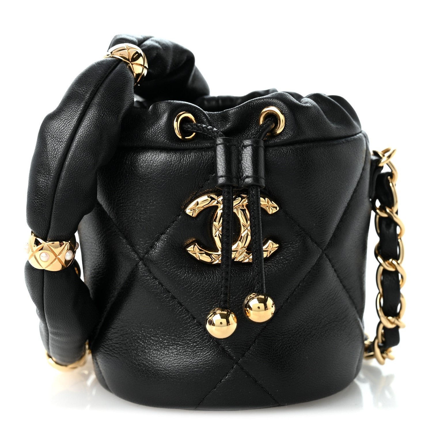 Chanel Calfskin Quilted Mini Drawstring Bucket Bag Black