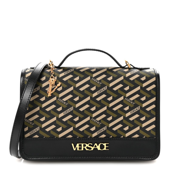 Versace Coated Canvas La Greca Signature Top Handle Bag Black Khaki