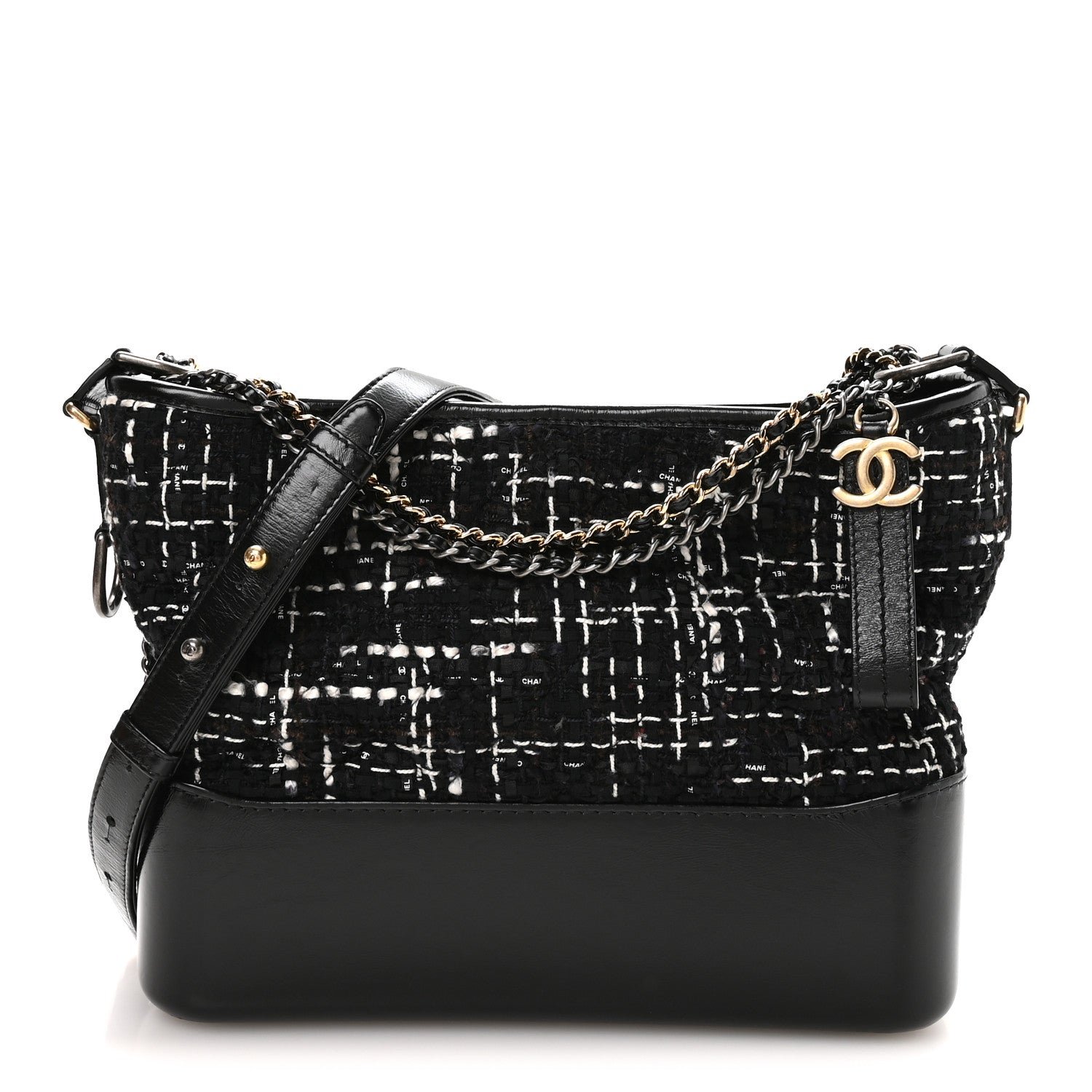 Chanel Tweed Calfskin Quilted Medium Gabrielle Hobo Black White