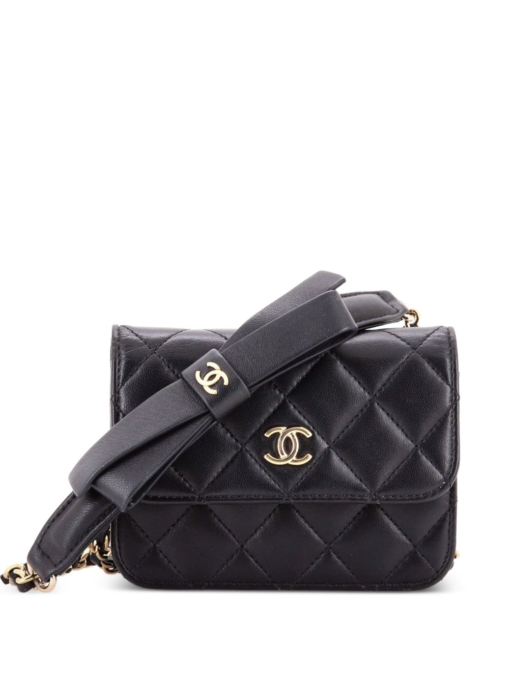 Bow Strap Card Holder on Chain Quilted Lambskin clutch bag
