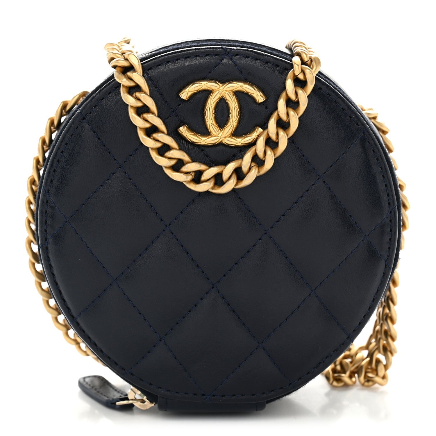Chanel Lambskin Quilted Pillow Crush Round Clutch With Chain Navy