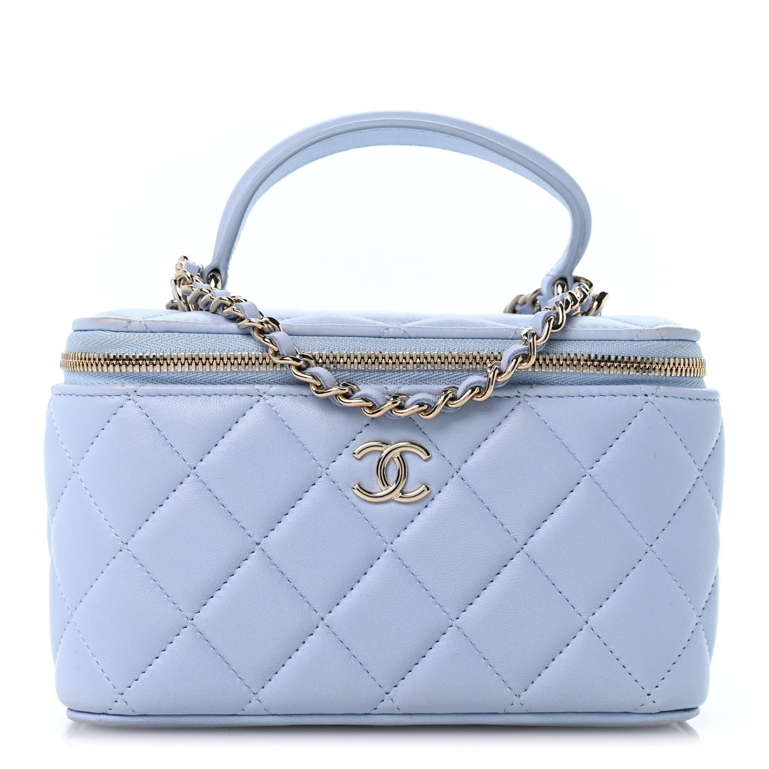 Chanel Lambskin Quilted Small Top Handle Vanity Case With Chain Light Blue