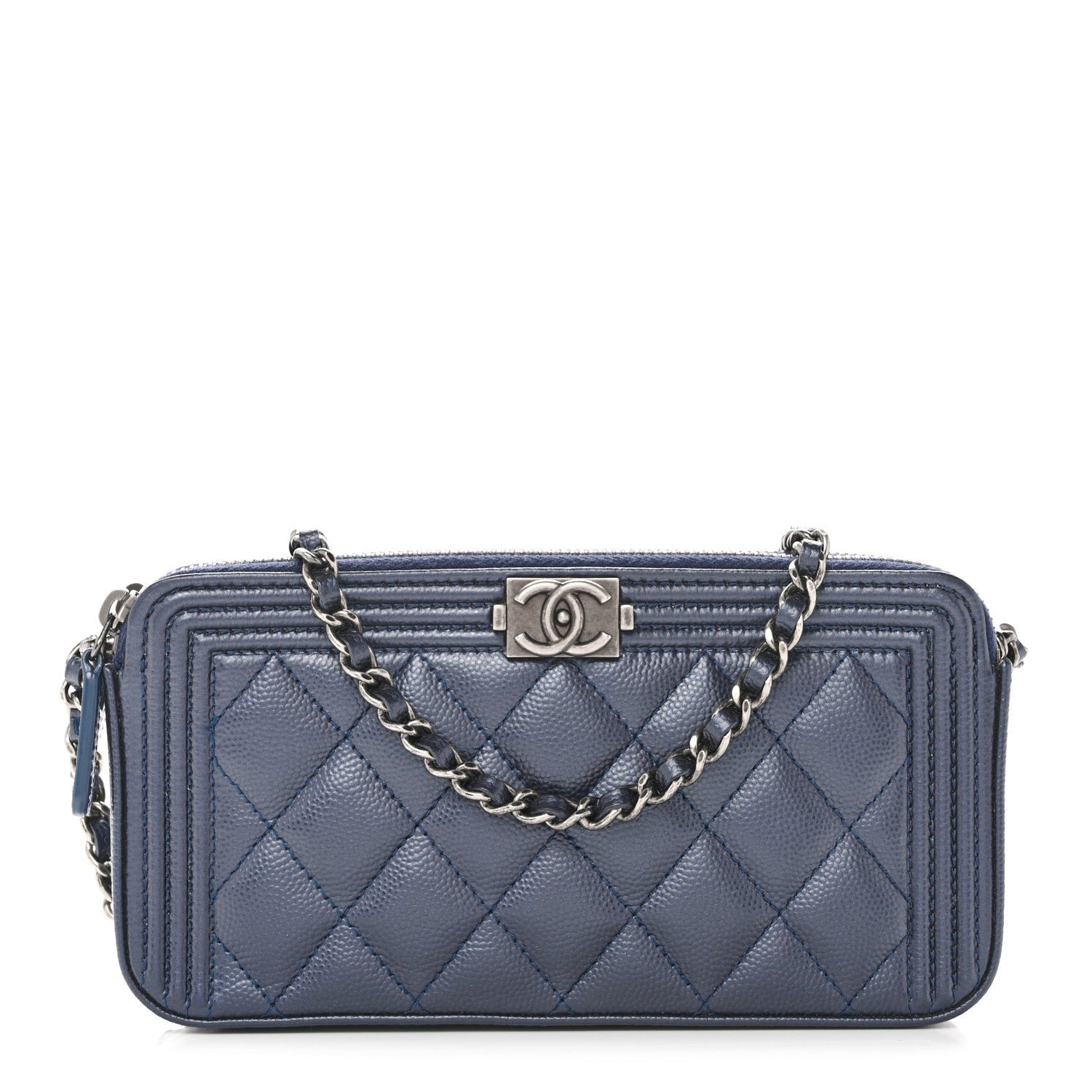 Chanel Metallic Caviar Quilted Small Boy Clutch With Chain Navy