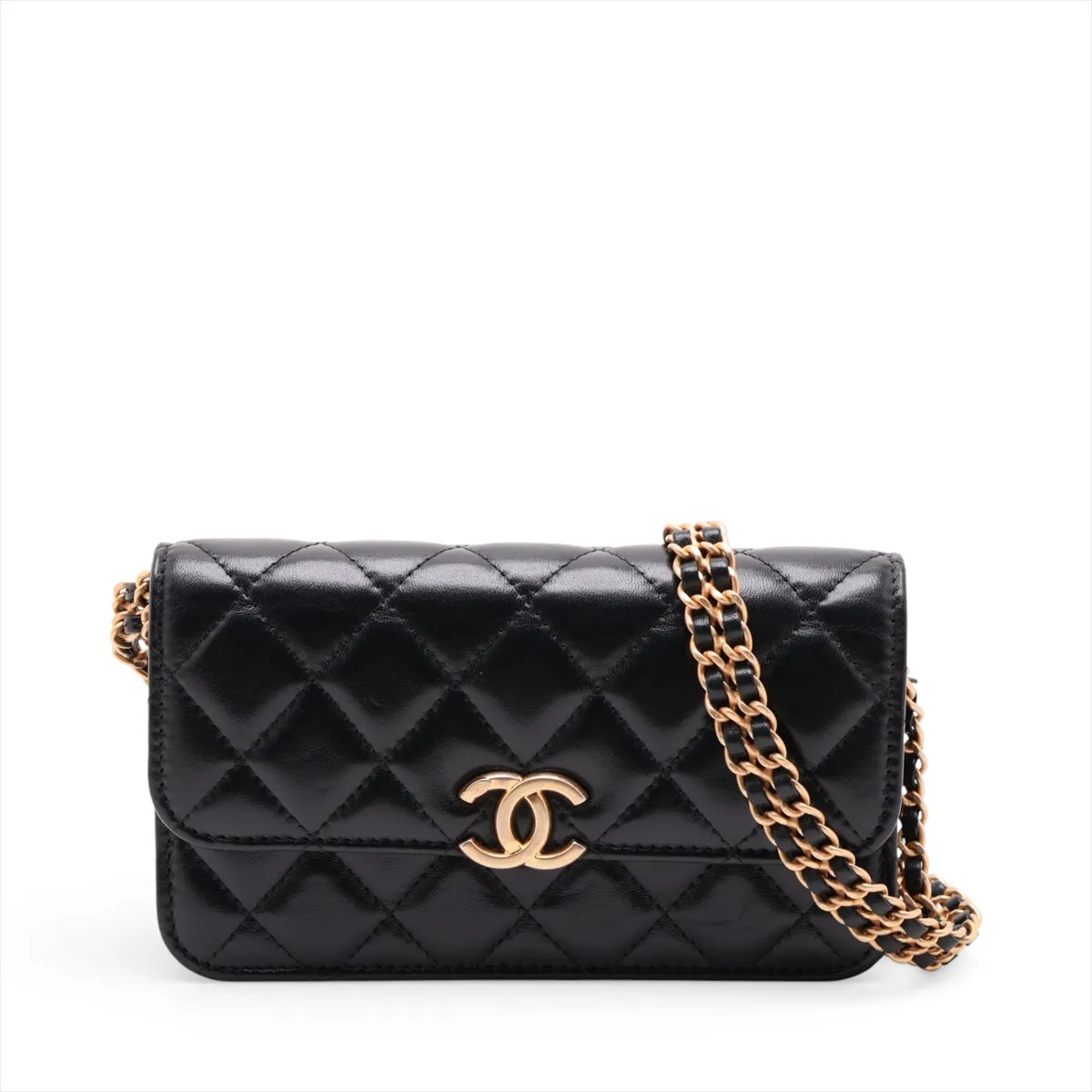 Chanel Matelasse Lambskin Chain Shoulder Bag phone case Black Gold Metal Fitting