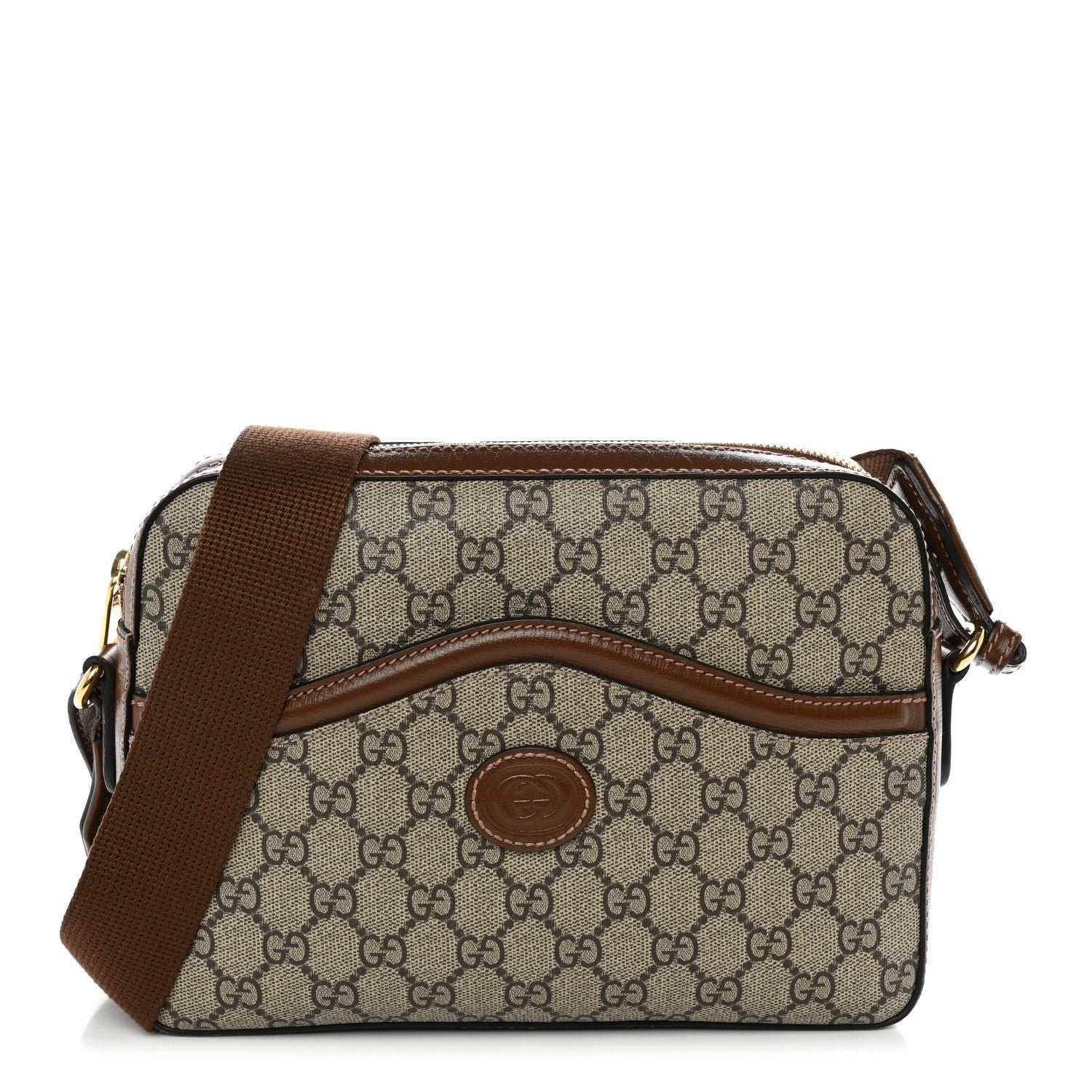 Gucci GG Supreme Monogram Azalea Calfskin Retro Interlocking G Messenger Shoulder Bag Beige Ebony Brown Sugar