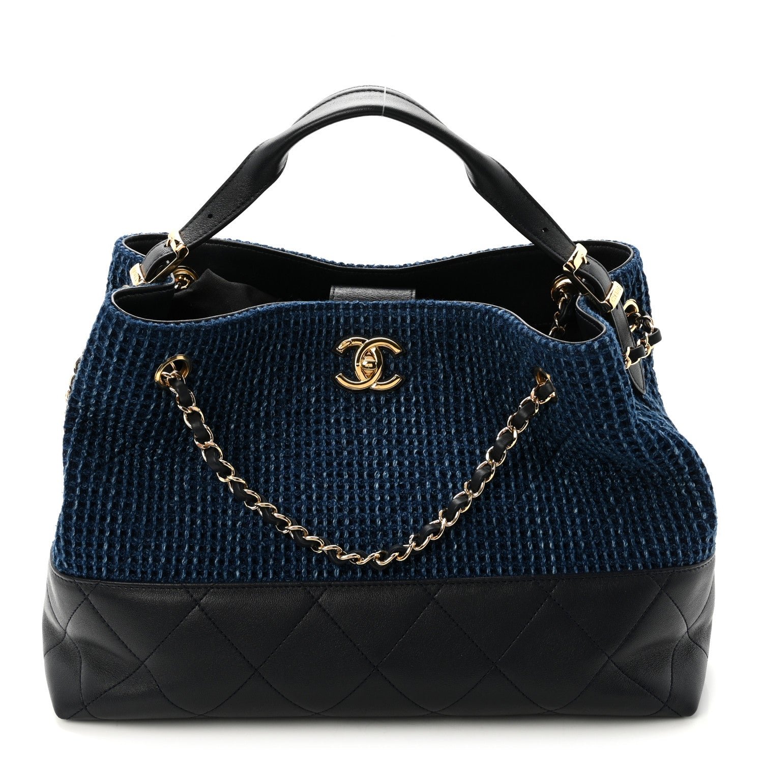 Chanel Tweed Shiny Lambskin Quilted Coco Base Small Shopping Bag Dark Blue