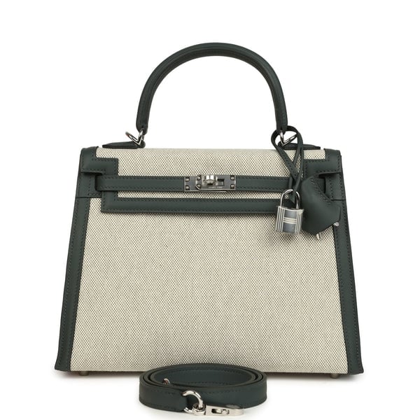 Hermes Hermes Kelly Sellier 25 Vert Mangrove and Ecru & Vert Amande Toile H Canvas Palladium Hardware