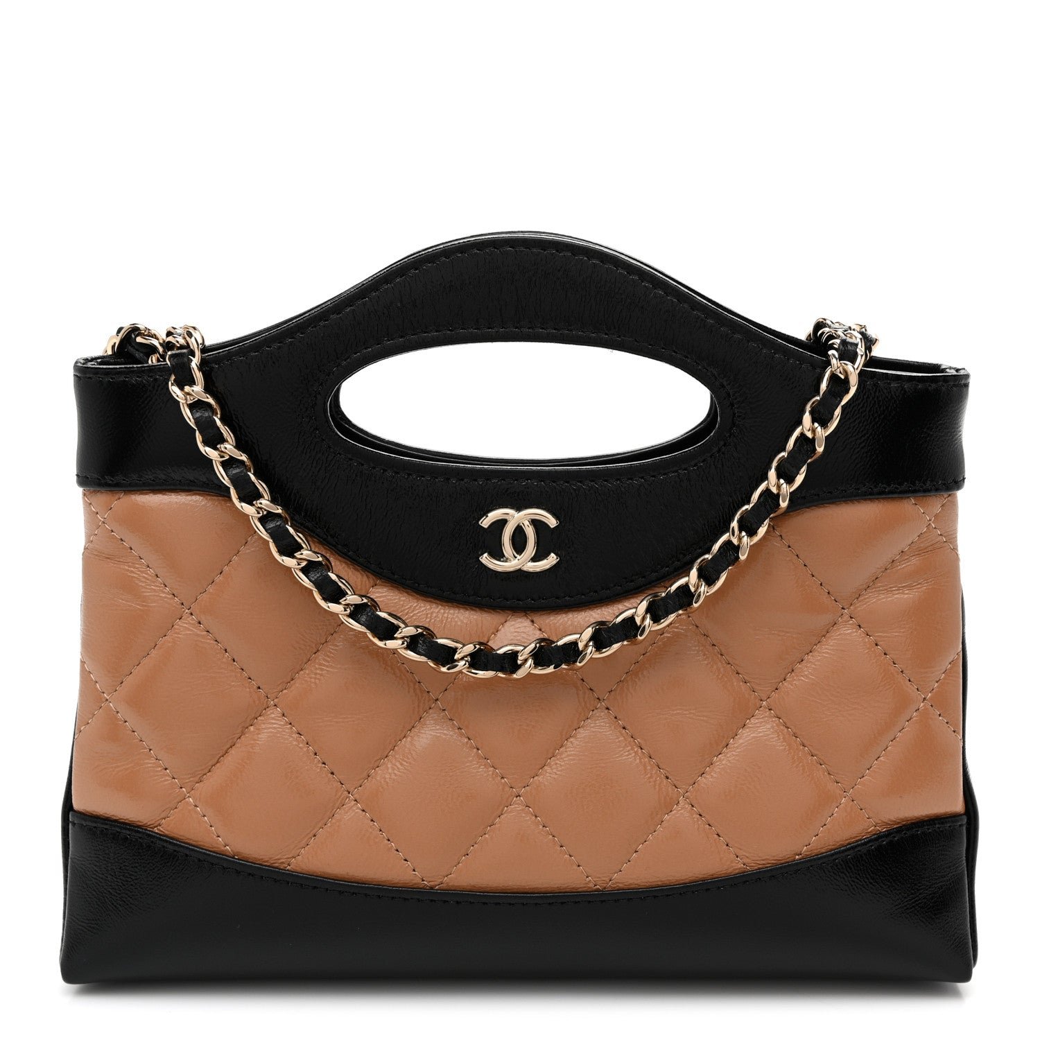 Chanel Shiny Crumpled Calfskin Quilted Nano 31 Shopping Bag Dark Beige Black Dark Beige Black