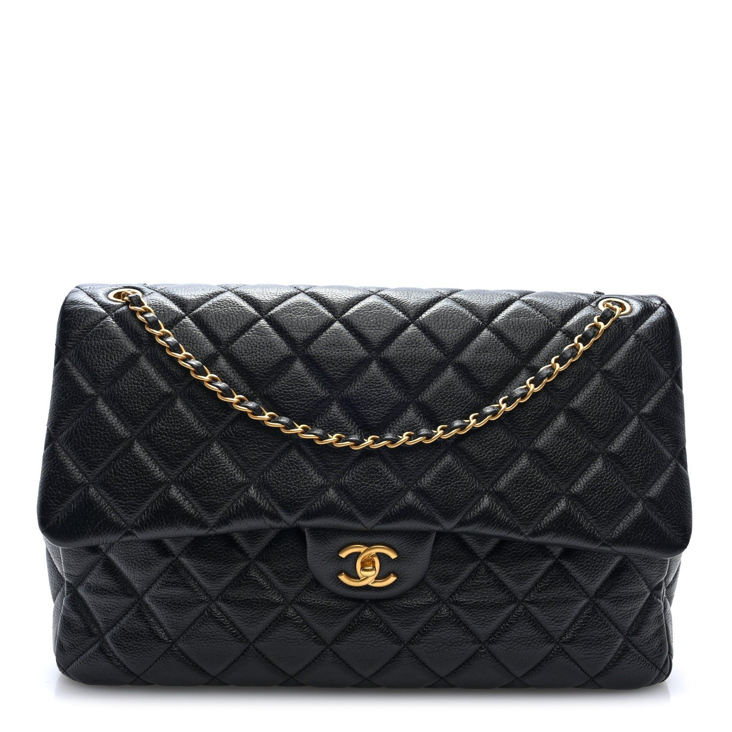 Grained Calfskin Quilted XXL Travel Flap Bag Black