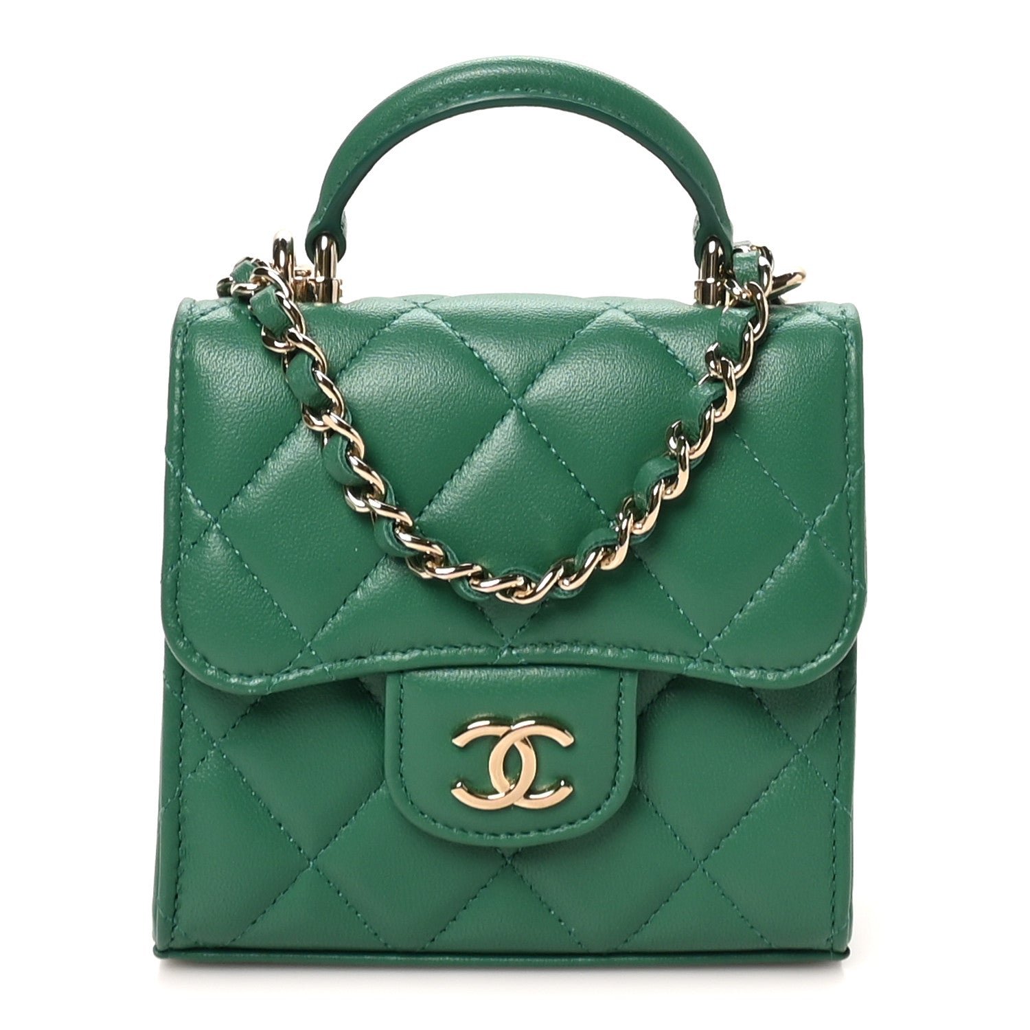 Chanel Lambskin Quilted Top Handle Flap Clutch With Chain Green