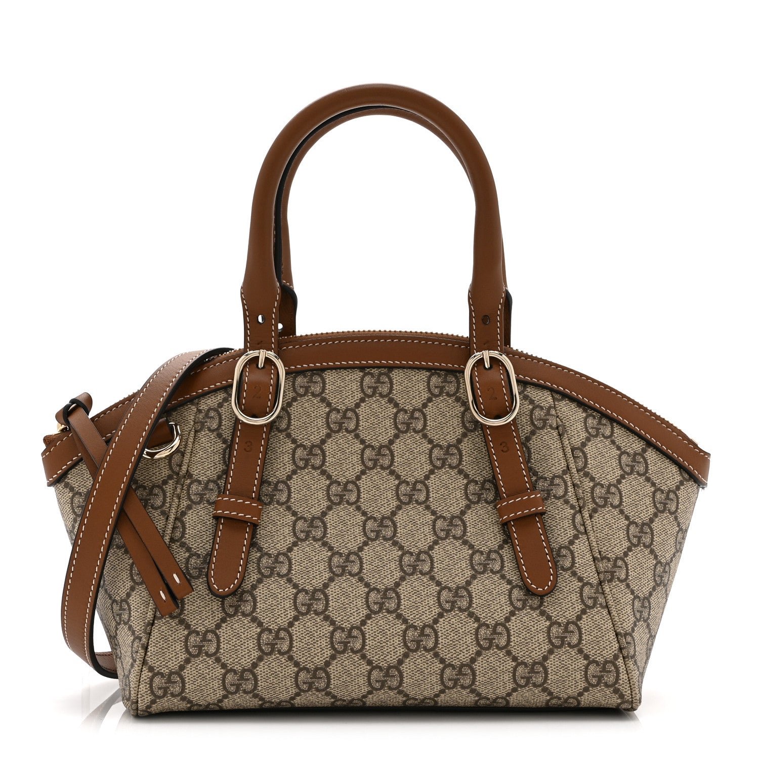 Gucci GG Supreme Monogram Emblem Small Top Handle Tote Bag Beige Dark Brown