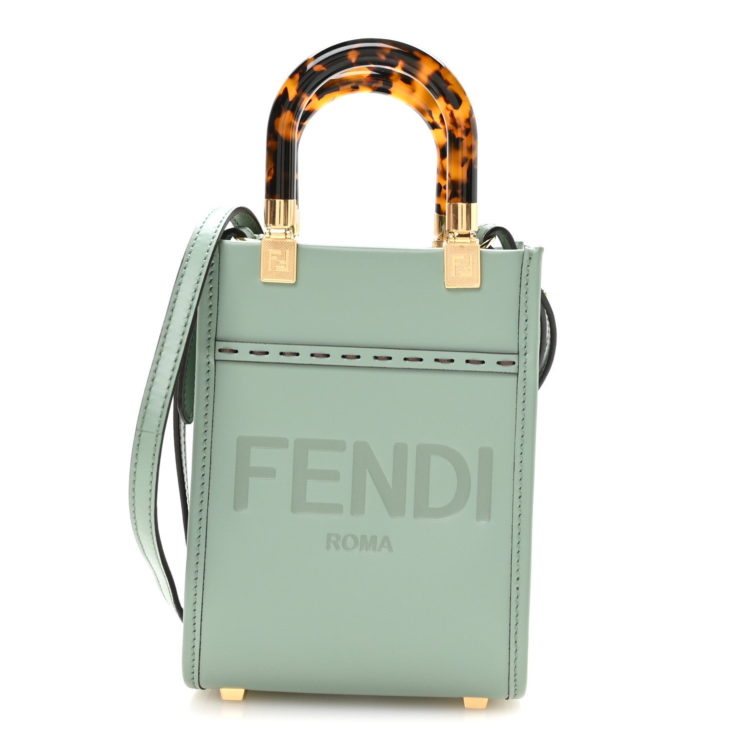 Fendi Vitello King Plexiglass Logo Embossed Mini Fendi Sunshine Shopper Tote Menta