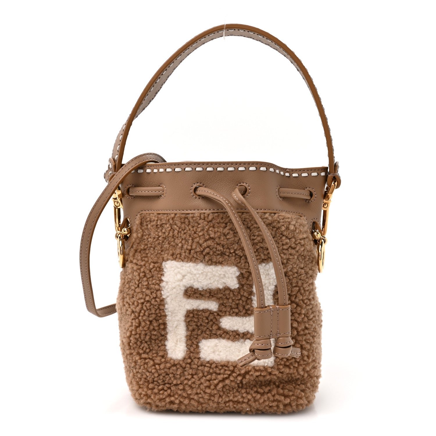 Fendi Shearling F is Fendi Macro FF 1974 Diagonal Mini Mon Tresor Bucket Bag Grace Camel