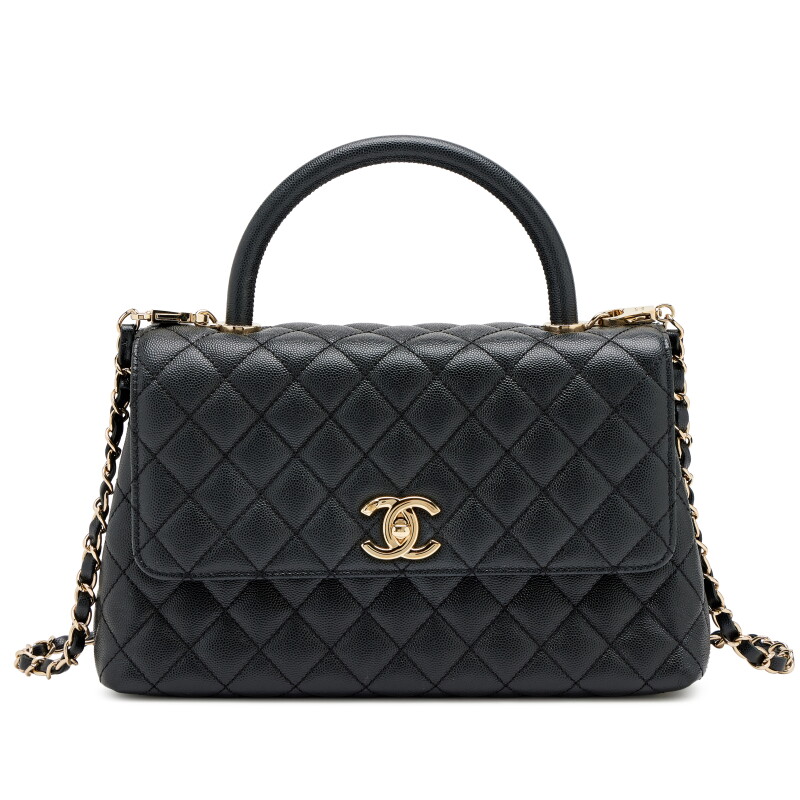 Black Quilted Caviar Medium Coco Top Handle Flap Bag Light Gold Hardware, 2022-2023