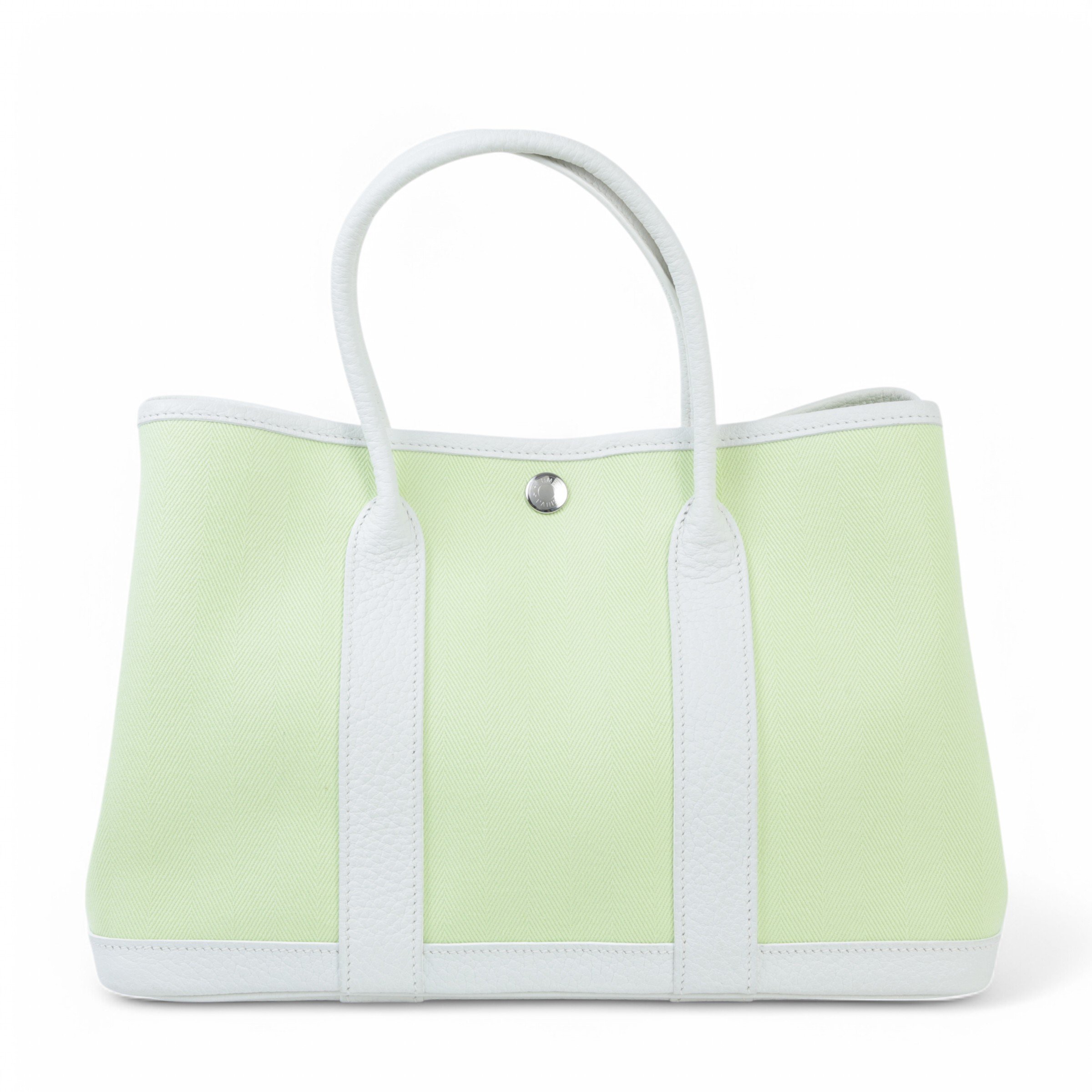 Hermes Very Good ( Rank A) HERMÈS Garden Party TPM Jaune Bourgeon (R9) White Toile H canvas Palladium hardware Square R (2014)