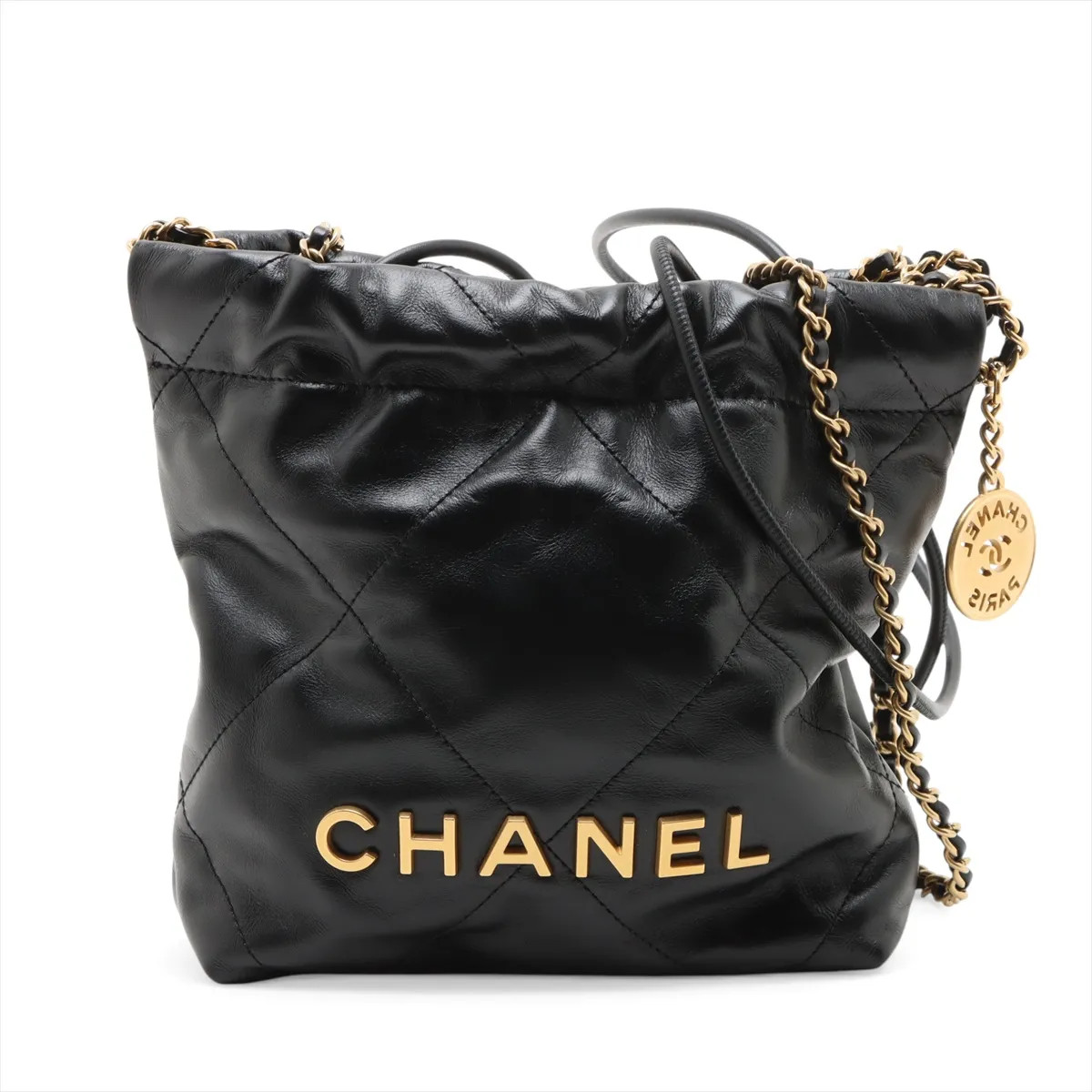 Chanel Chanel 22 Mini shiny calfskin Chain Shoulder Bag Black Gold Metal Fitting