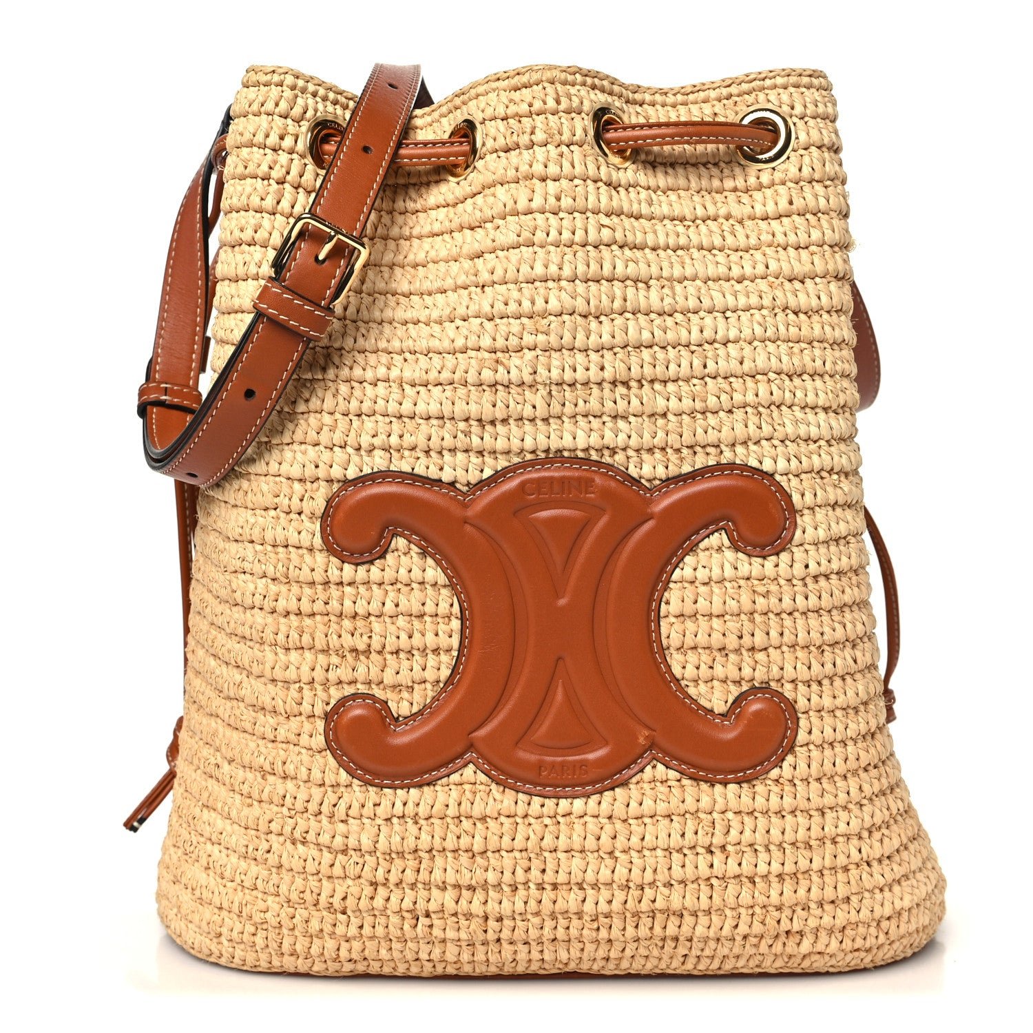 Celine Raffia Calfskin Triomphe Drawstring Bucket Natural Tan