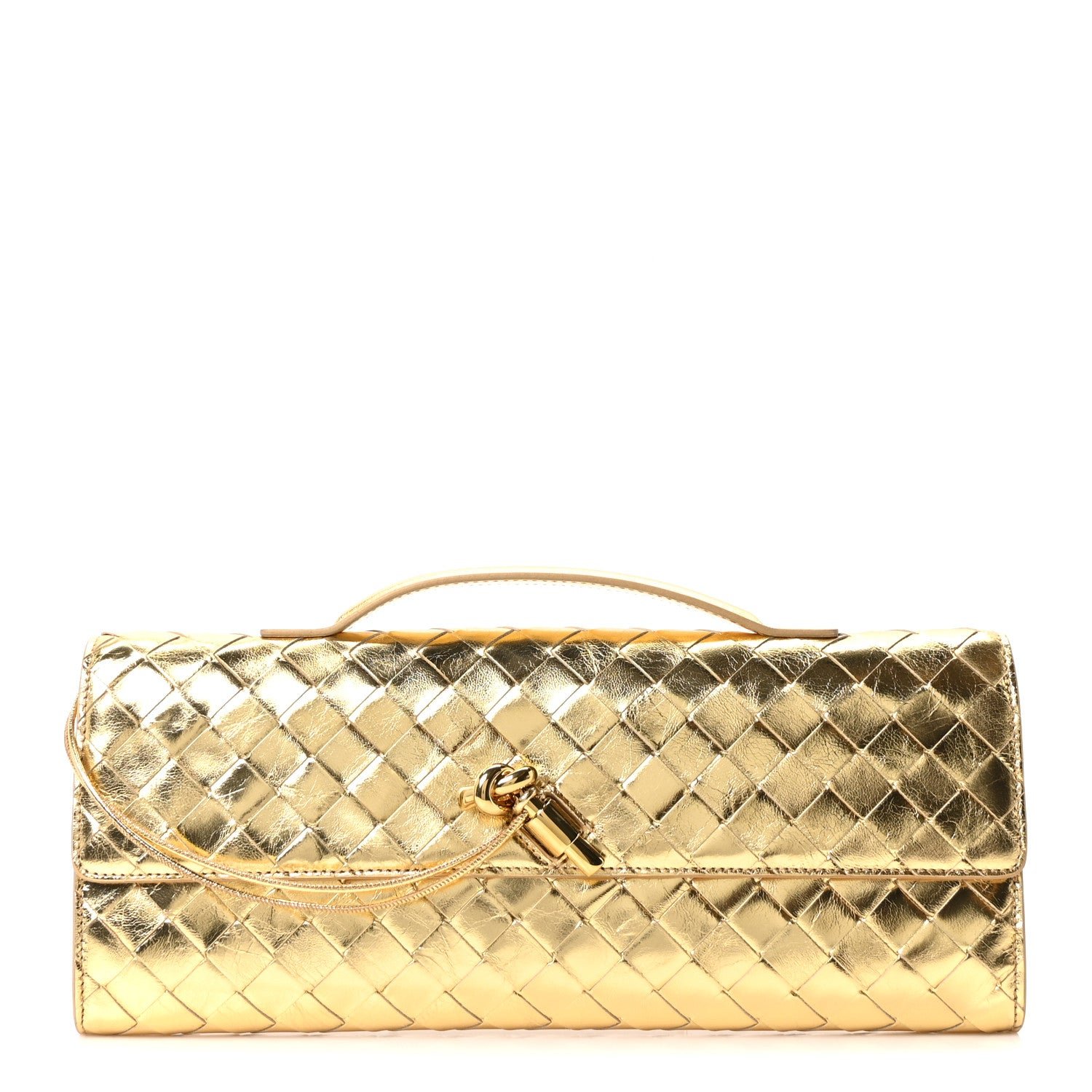 Bottega Veneta Metallic Lambskin Intrecciato Long Andiamo Top Handle Clutch Gold