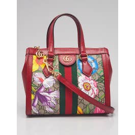 Gucci Red Leather GG Flora Coated Canvas Ophidia Small Tote Bag