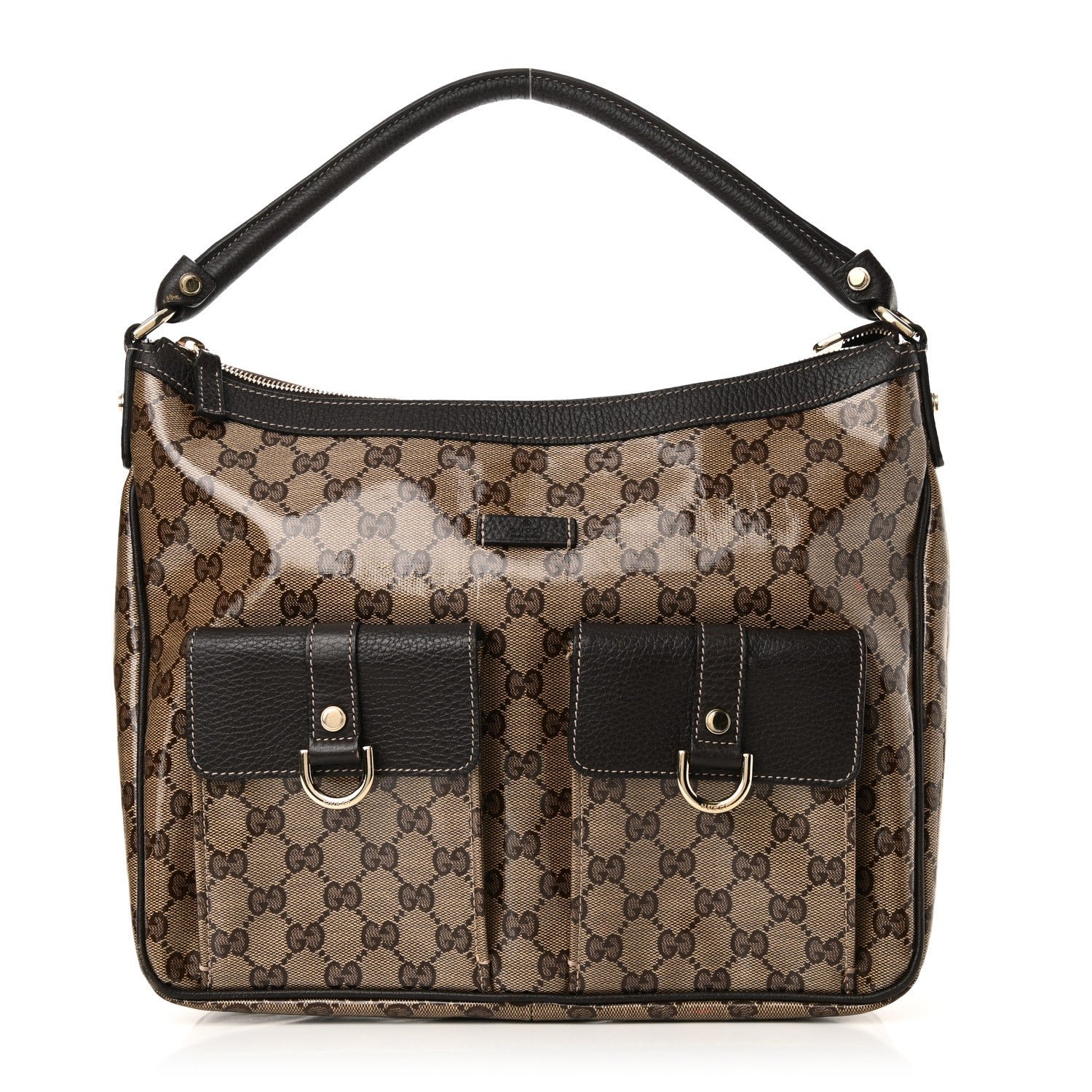Gucci Crystal Monogram Medium Abbey Pocket Hobo Tote Dark Brown